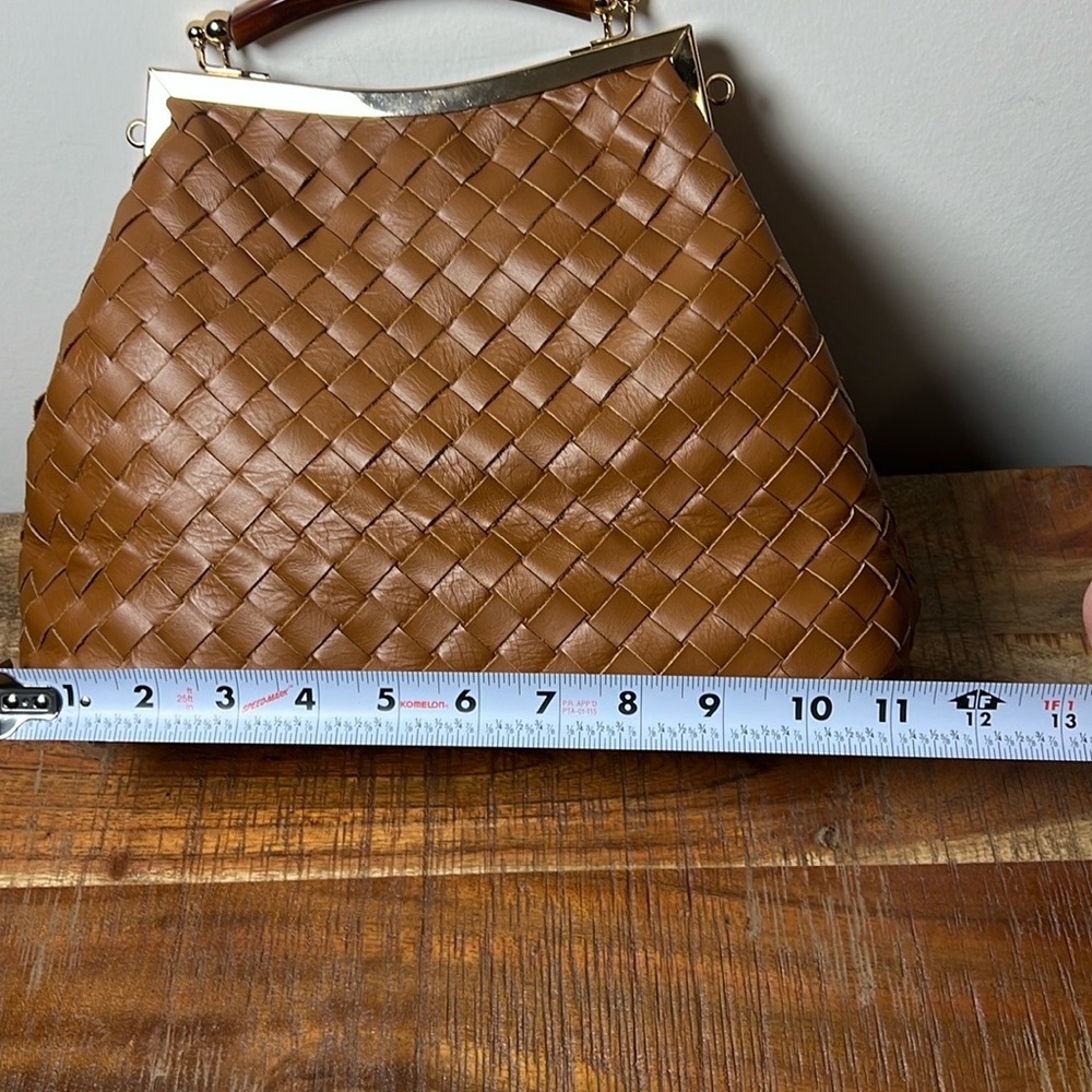 Valentina Fiore Brown Woven Leather Shoulder Bag with Curved Handle, No Strap - Picture 2 of 9